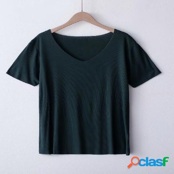 T-shirt casual de cor sólida com decote em v para mulheres