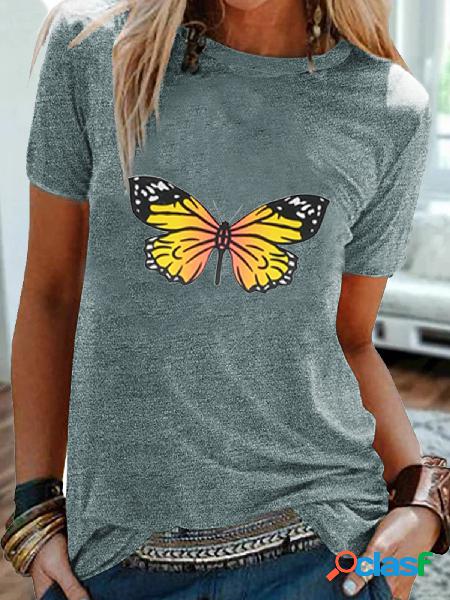 T-shirt casual de manga curta com estampa de borboleta