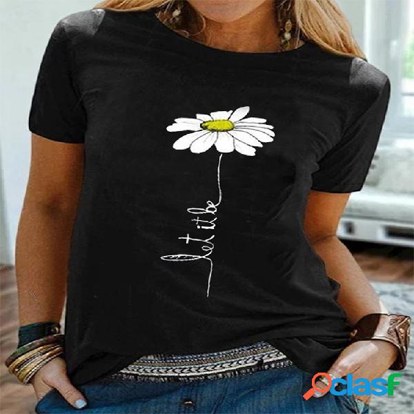 T-shirt casual de manga curta com estampa de flores simples