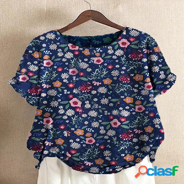 T-shirt de manga curta O-Neck Floral Imprimir Para Mulheres