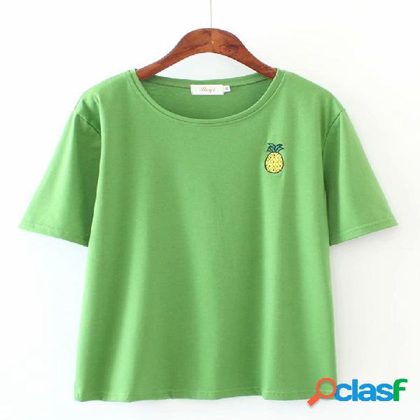 T-shirt de manga curta bordado abacaxi para mulheres