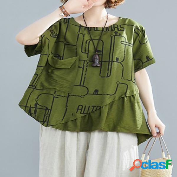 T-shirt de manga curta com decote em graffiti com patchwork