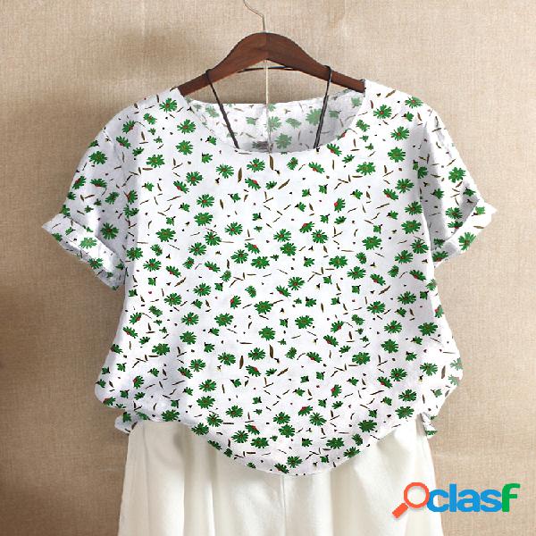 T-shirt de manga curta com decote em v floral para mulheres