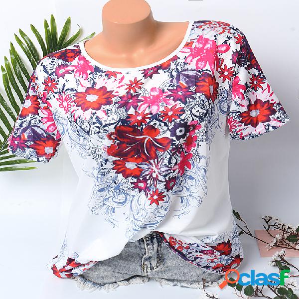 T-shirt de manga curta com estampa floral para mulheres