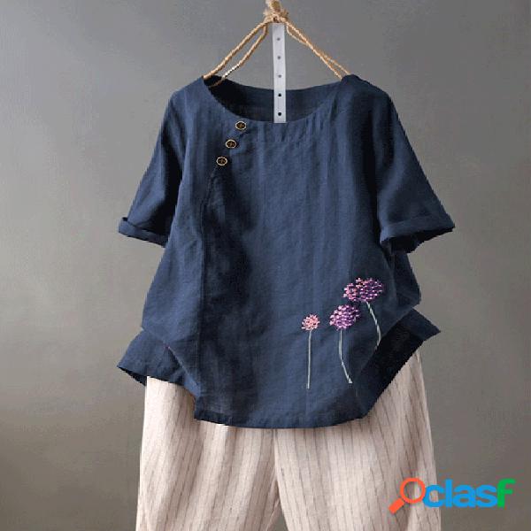 T-shirt do bordado floral manga curta O-Neck Button For