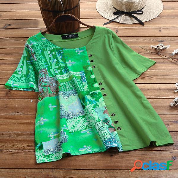T-shirt estampado patchwork de manga curta com gola em O