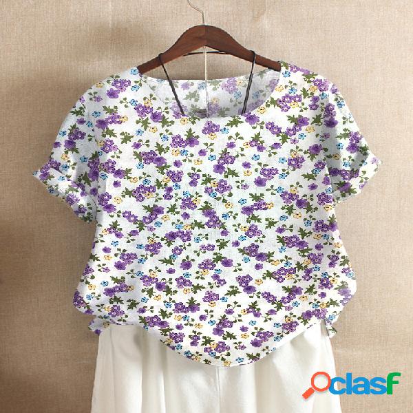 T-shirt vintage de manga curta com estampa floral e gola