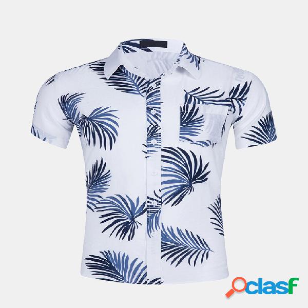 TWO-SIDED Mens Summer Loose Palms Hawaiian Camisa Impressão