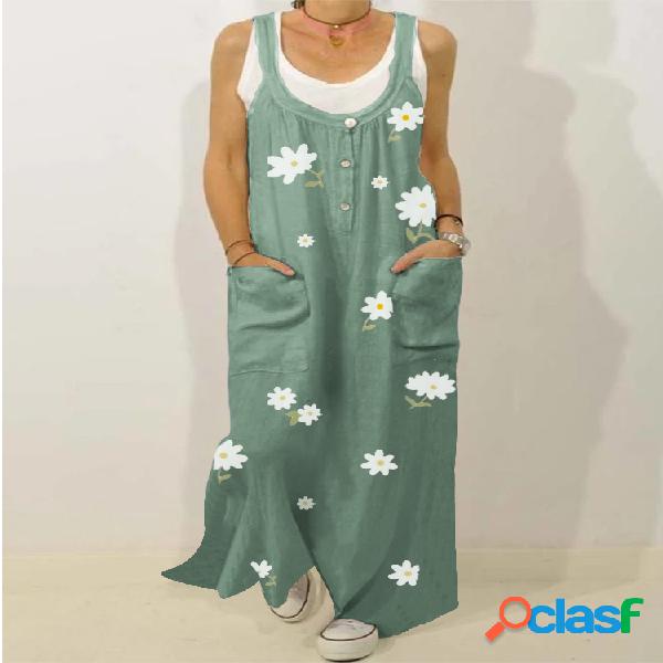 Tiras de impressão floral Loose Vintage Maxi Dress For