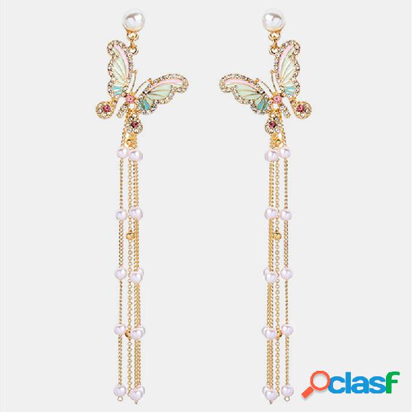 Trendy Tassel Stud Brincos Strass Temperamento Borboleta