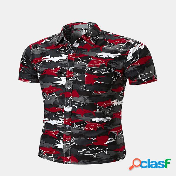 Tubarão impressão manga curta Casual Camisa para homens