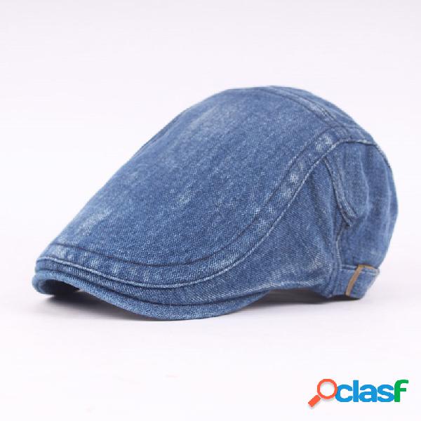 Unisex Vintage Ajustável Cor Sólida Denim Lavado Beret Cap