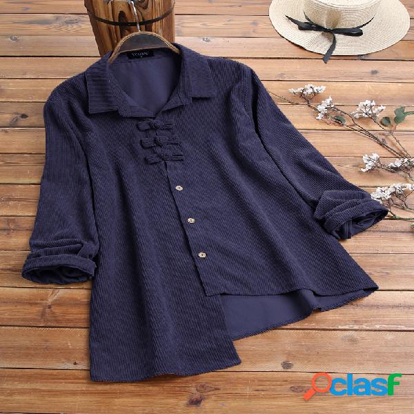 Veludo cor sólida assimétrica manga comprida blusa vintage