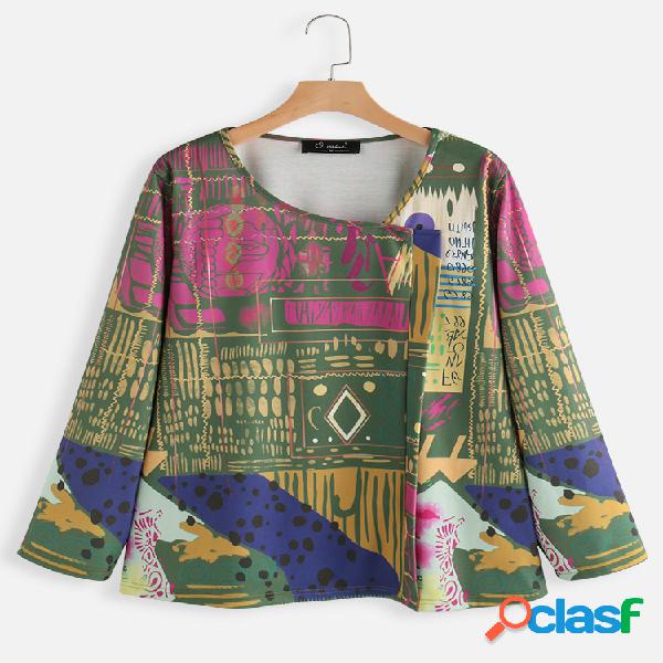 Vintage Abstract Print Wrap manga comprida Plus blusa de