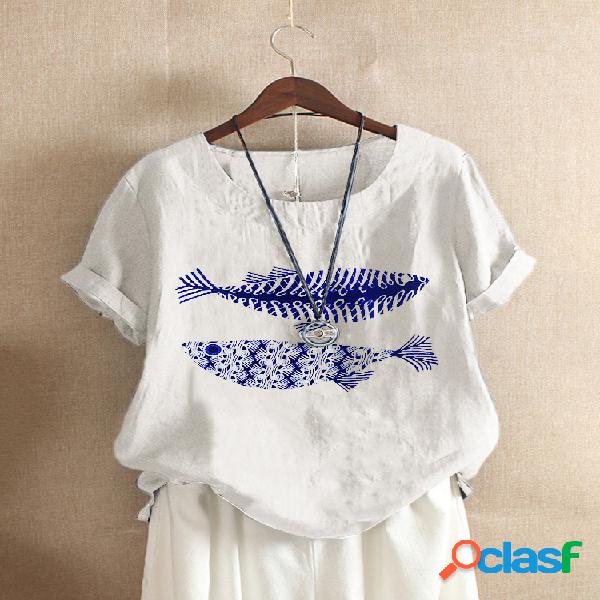 Vintage Fish Print manga curta Casual T-shirt Para Mulheres