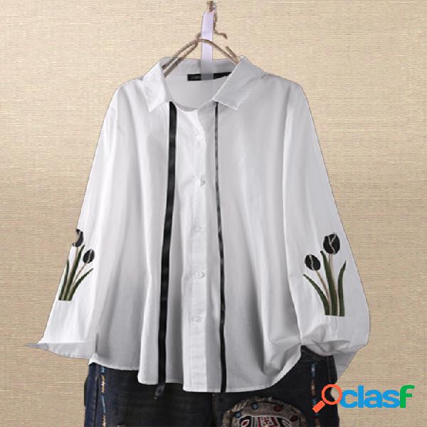 Vintage Flower Embroidery Plus Tamanho Camisa para mulheres