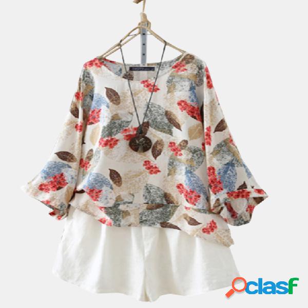 Vintage Leaves Print Plus Blusa de tamanho para mulheres