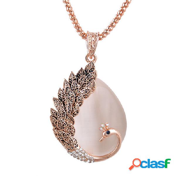 Vintage Peacock Feather Opal Pendant Necklace Cadeado de