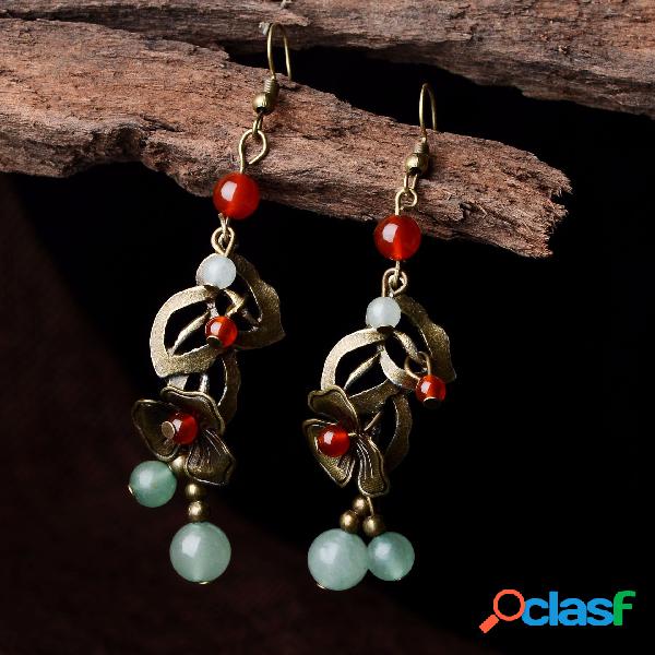 Vintage Red Agate Bronze Flower Ear Drop Ethnic Beaded