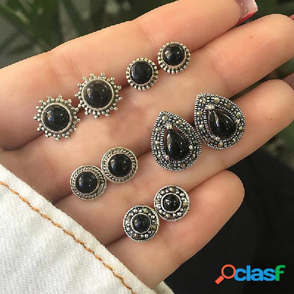 Vintage Sun Flower Black Stud Brincos Conjunto Geométrica