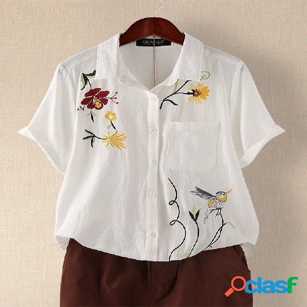 Vintage bordado floral manga curta blusa botão casual