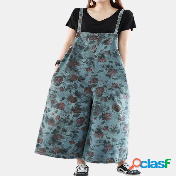 Vintage flor impressa Denim cintura alta solta macacão