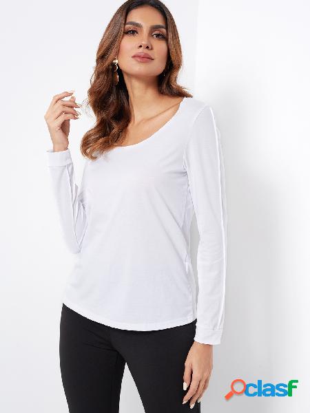 White Scoop Neck Long Sleeves Semi Sheer T-shirt