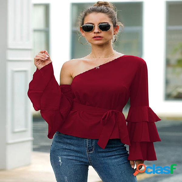 With Belt One Shoulder Bell Sleeves Ruffle Blouse