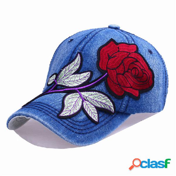 Women Denim Blue Rose Boné de beisebol bordado Chapéus