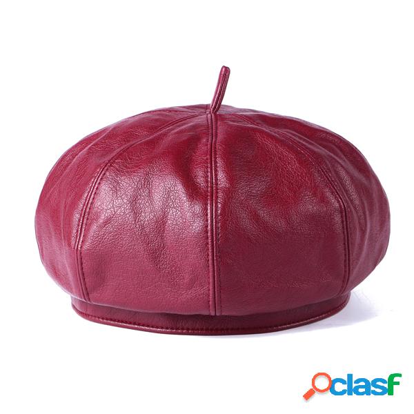 Women's PU Solid Color French Beret Lady Cap Elegante Casual