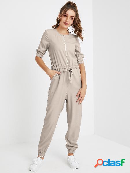 YOINS Apricot Zip Design Jumpsuit de cintura com cordão e