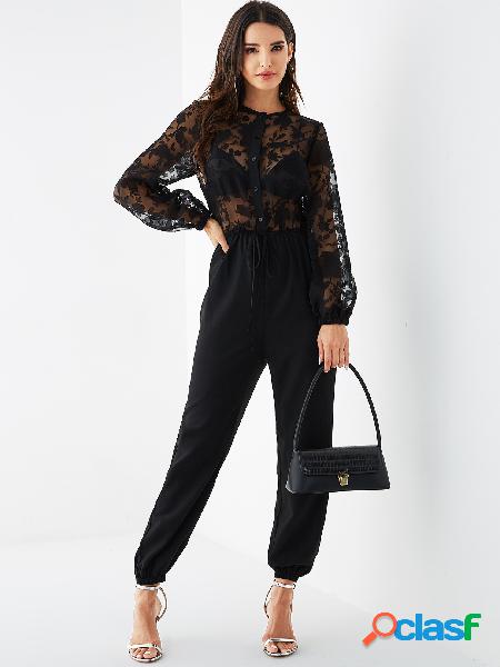 YOINS Black Front Button Design Tie-up Long Sleeves Jumpsuit