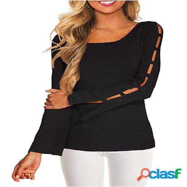 YOINS Black Round Neck Long Sleeves Cut Out Tee