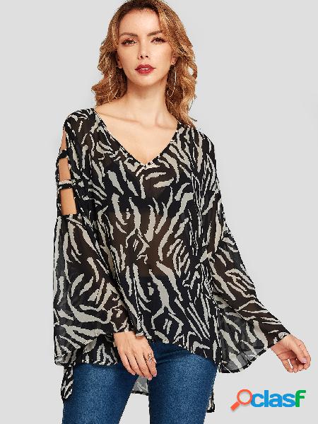 YOINS Black Zebra Print Cut Out Animal V-neck Blouse