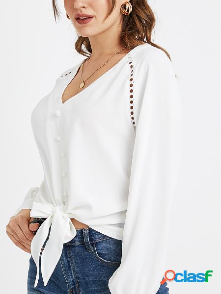 YOINS Blusa branca de mangas compridas com decote em v