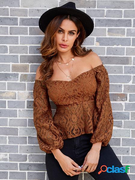 YOINS Coffe Lace Off The Shoulder Long Sleeves Blouse