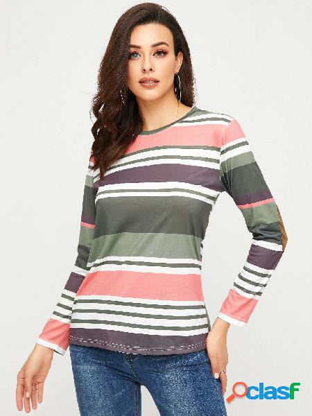 YOINS Color Block Stripe Round Neck T-shirt de mangas