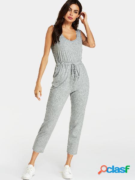 YOINS Grey Drawstring Waist Side Pockets Sleeveless Jumpsuit