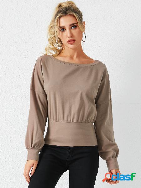 YOINS Khaki Bateau Neck mangas compridas Top de malha