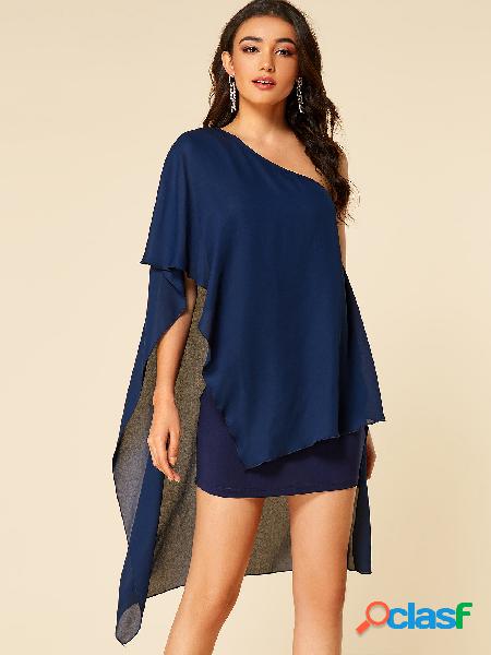 YOINS Navy Double Layer One Shoulder Overlay Mini Dress