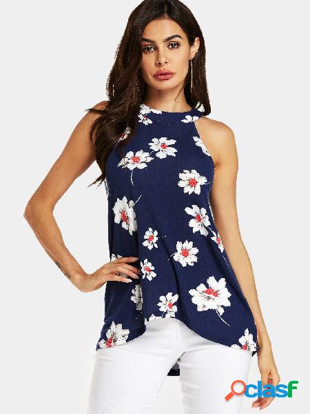 YOINS Navy Random Floral Print Cut Out Halter Sleeveless Top