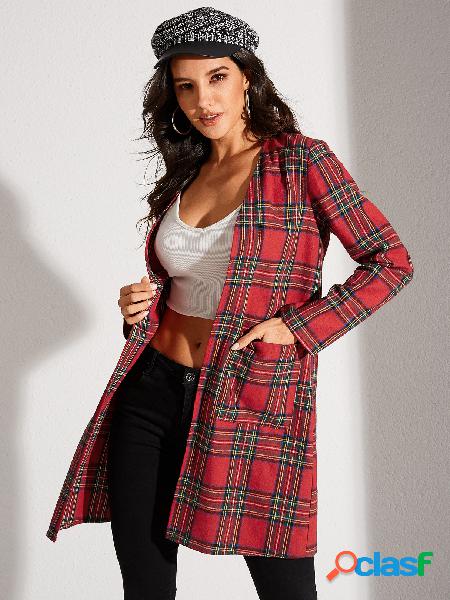 YOINS Red Two Large Pockets Plaid Long Sleeves Coat