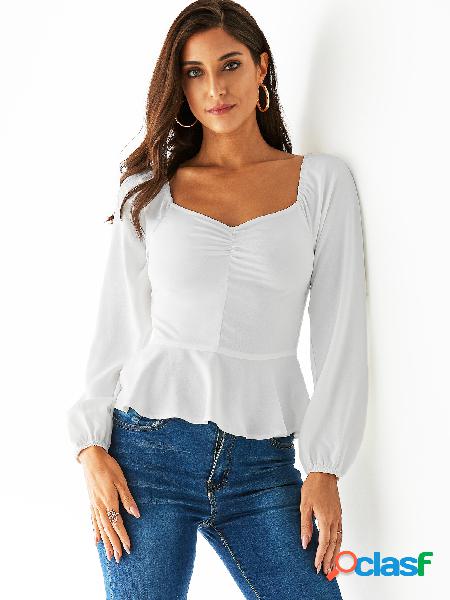 YOINS White Ruched Pleated Design Square Neck Blouse