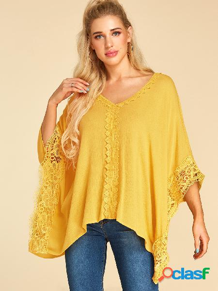 YOINS Yellow Crochet Lace Embellished V-neck Half Sleeves