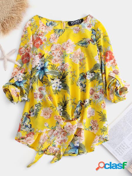 YOINS Yellow Kontted Adjustable Tropical Print Round Neck