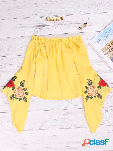 Yellow Embroidered Off The Shoulder Bell Sleeves Blouses