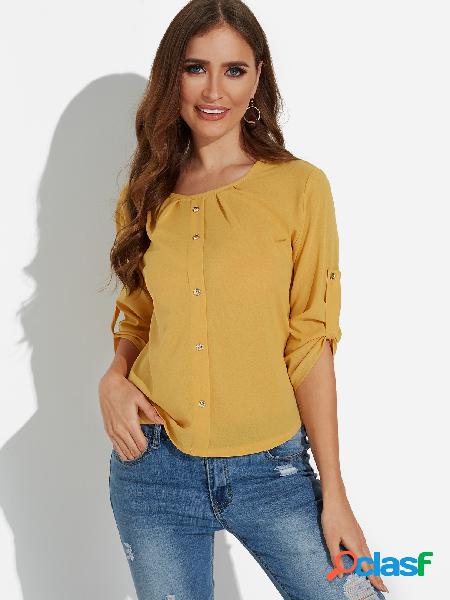 Yellow Single Breasted Design Round Neck 3/4 Length Sleeves