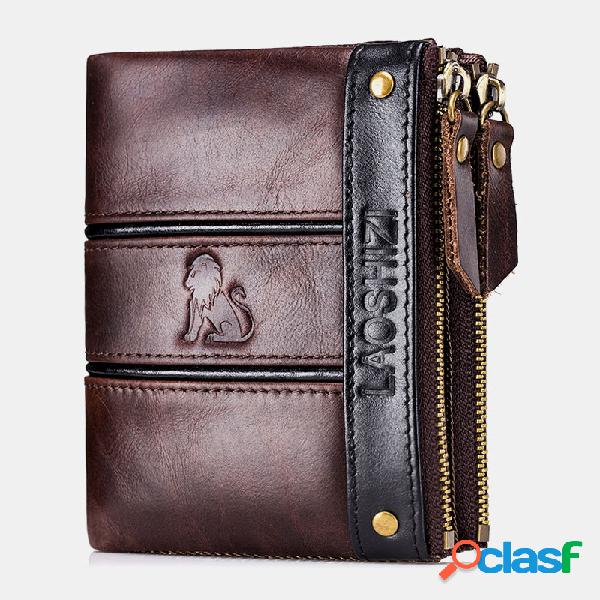 Zíper bifold de homens RFID Couro Genuíno Bolsa de