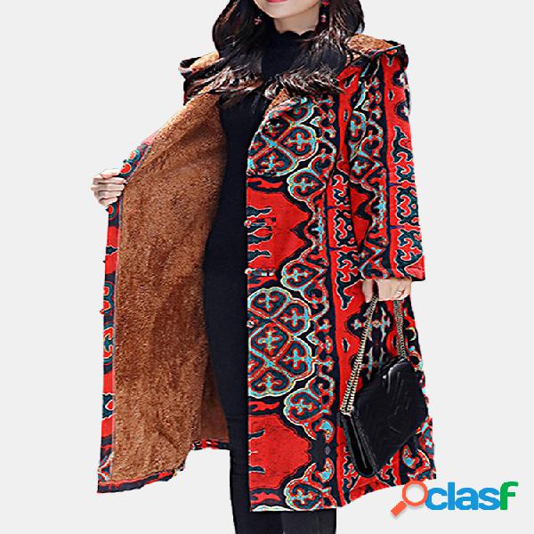 Étnica de impressão com capuz manga longa mulheres casaco