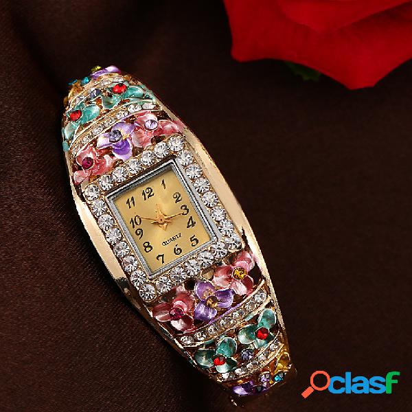 Étnico cloisonne pulseira relógio de flor gemstone liga